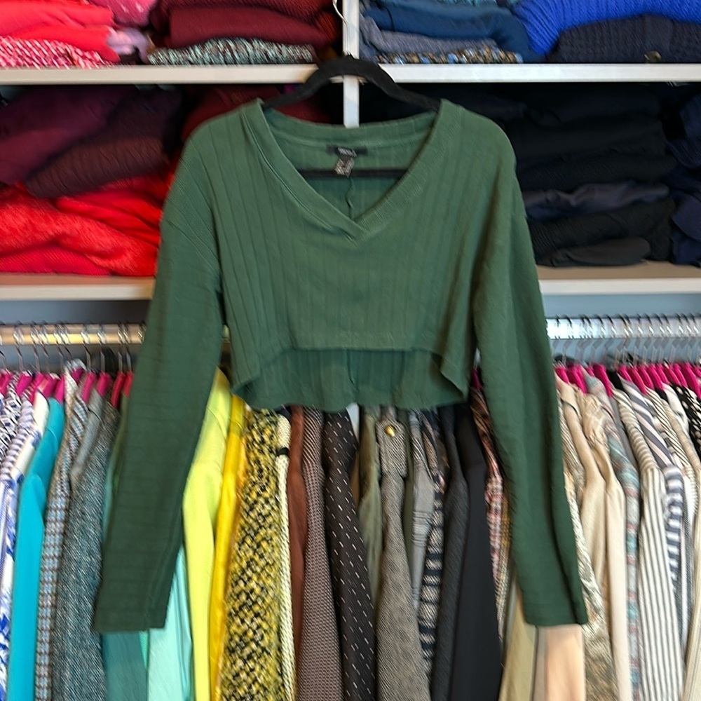 Forever 21 green long sleeve cropped v neck sweater size S